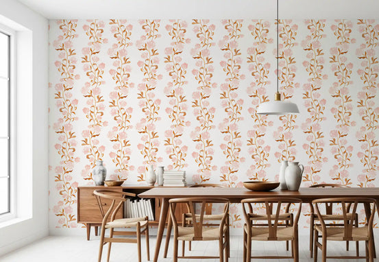 Watercolor Blush and Copper Vine Trailing Floral Wallpaper⁠