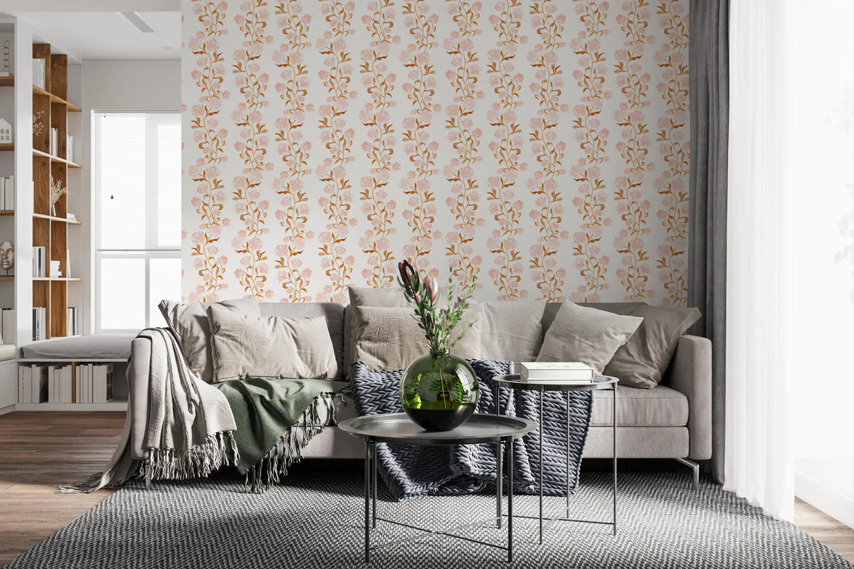 Watercolor Blush and Copper Vine Trailing Floral Wallpaper⁠