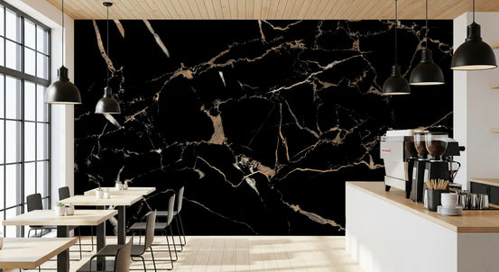 Marble wallpaper mural in a cafe with an espresso machine, black pendants and wood tables GD13878