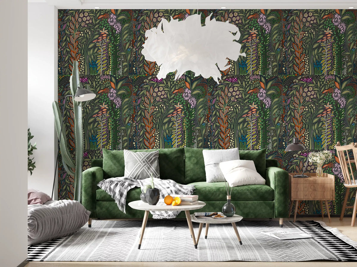 Dark Botanical Meadow Tapestry Wallpaper⁠