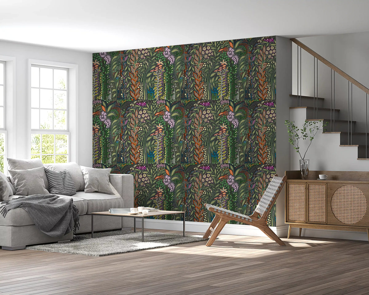 Dark Botanical Meadow Tapestry Wallpaper⁠