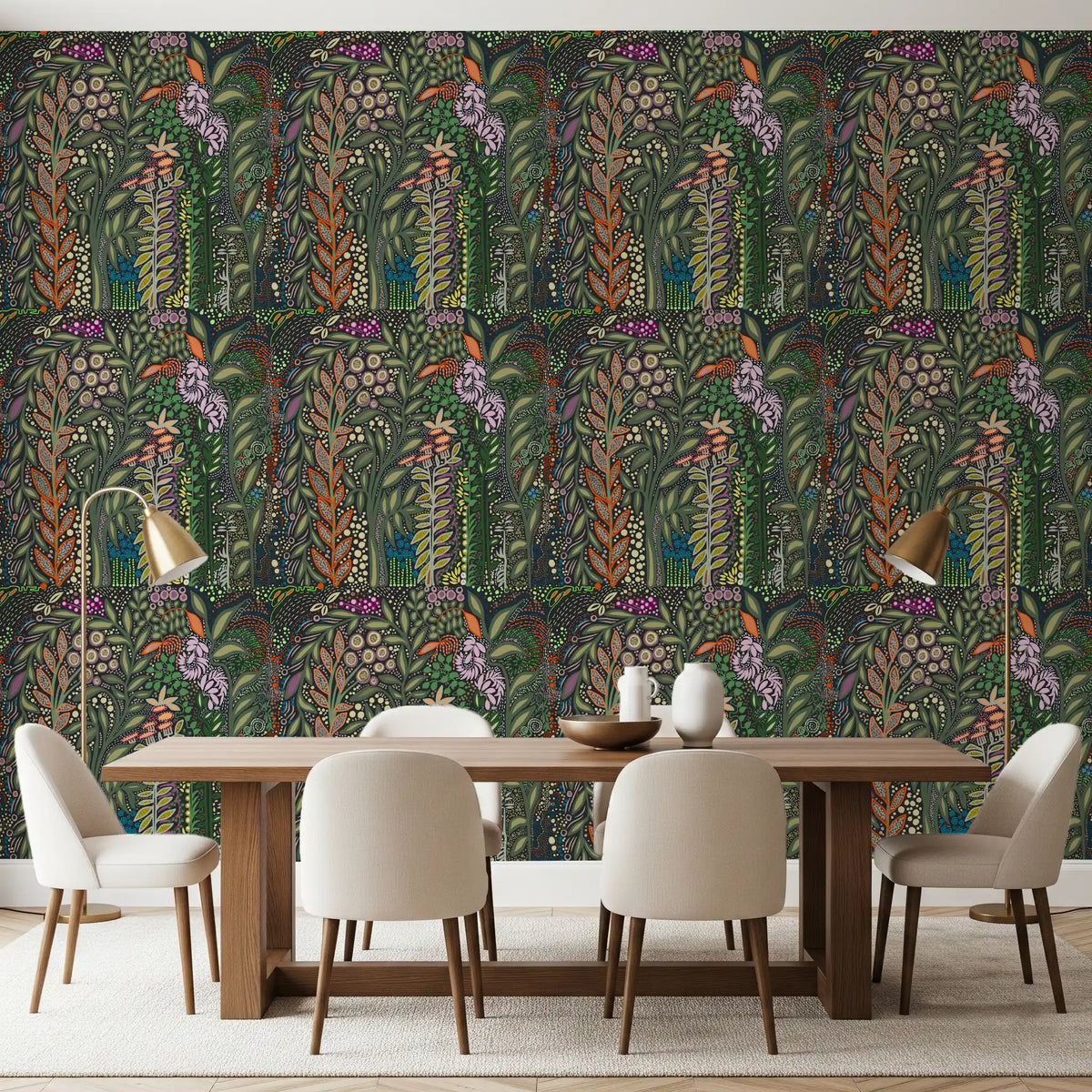 Dark Botanical Meadow Tapestry Wallpaper⁠