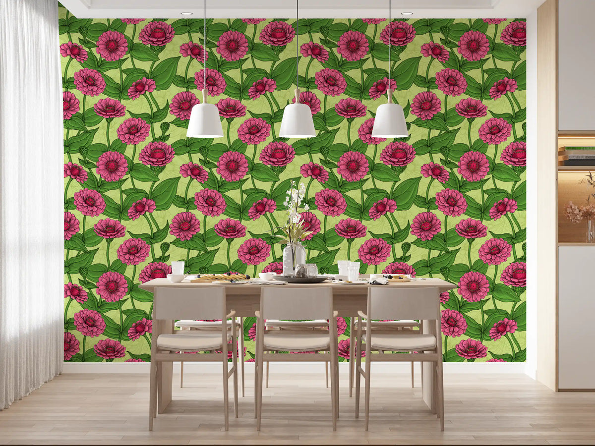 Garden Zinnia Botanical Illustration Wallpaper⁠