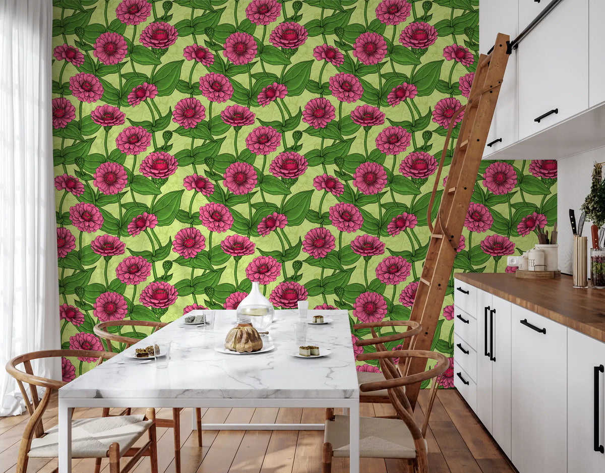 Garden Zinnia Botanical Illustration Wallpaper⁠