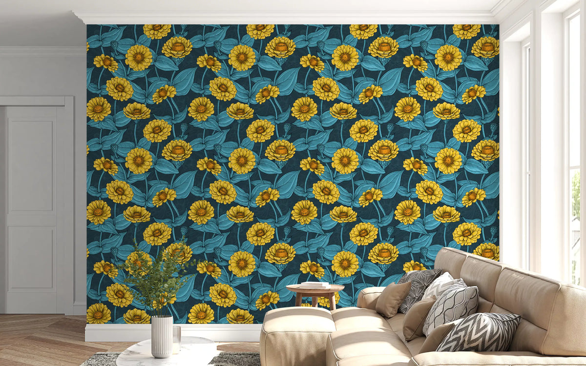Dark botanical wallpaper behind a cream sofa with patterned cushions by a window GD13892