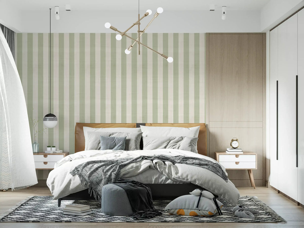 Green and White Stripe Linen Look Texture Wallpaper⁠