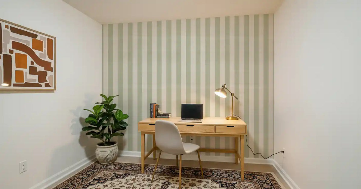Green and White Stripe Linen Look Texture Wallpaper⁠