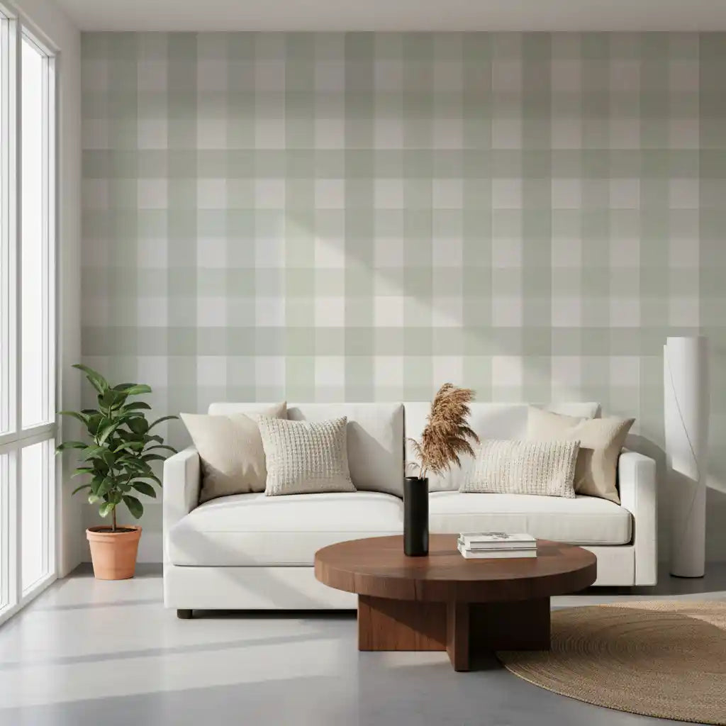 Green Gingham Plaid Linen Look Texture Wallpaper⁠