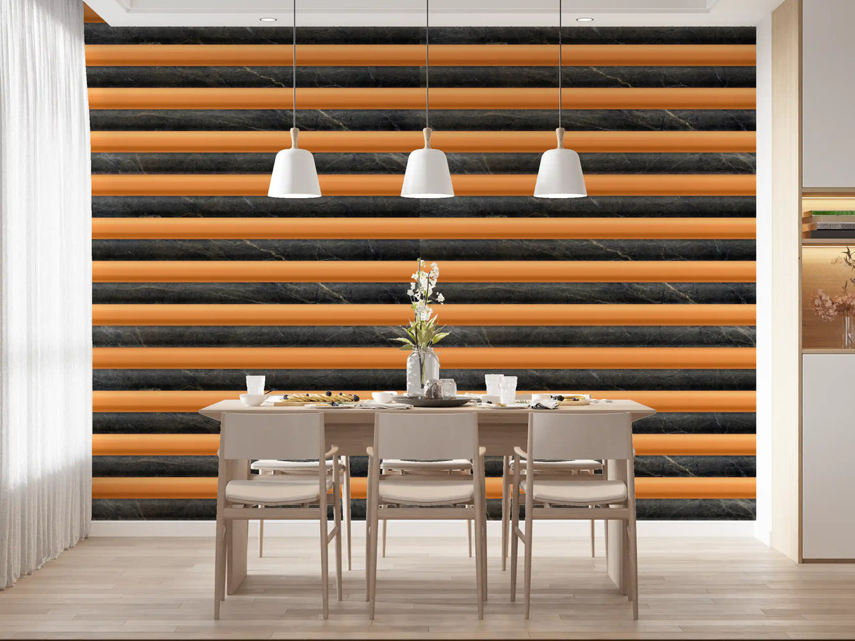 Striped wallpaper in a dining room with light oak table and white pendants GD13908