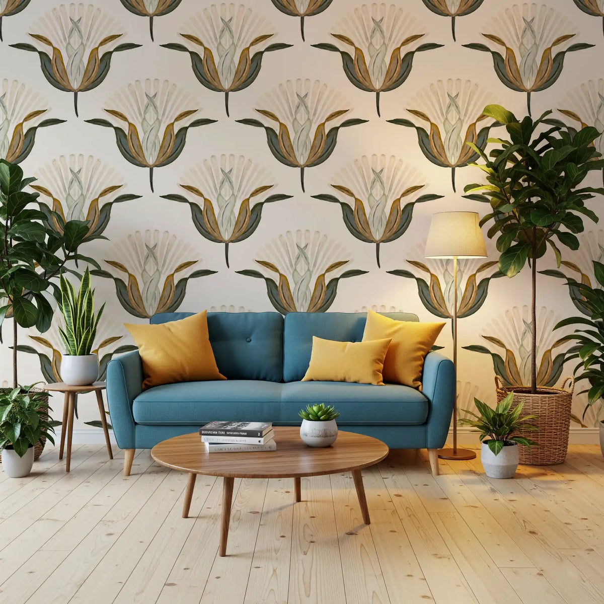 Green and Brass Lotus Flowers Wallpaper⁠