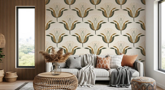 Botanical wallpaper in a boho living room with a cream sofa, terracotta cushions and pampas grass GD13916