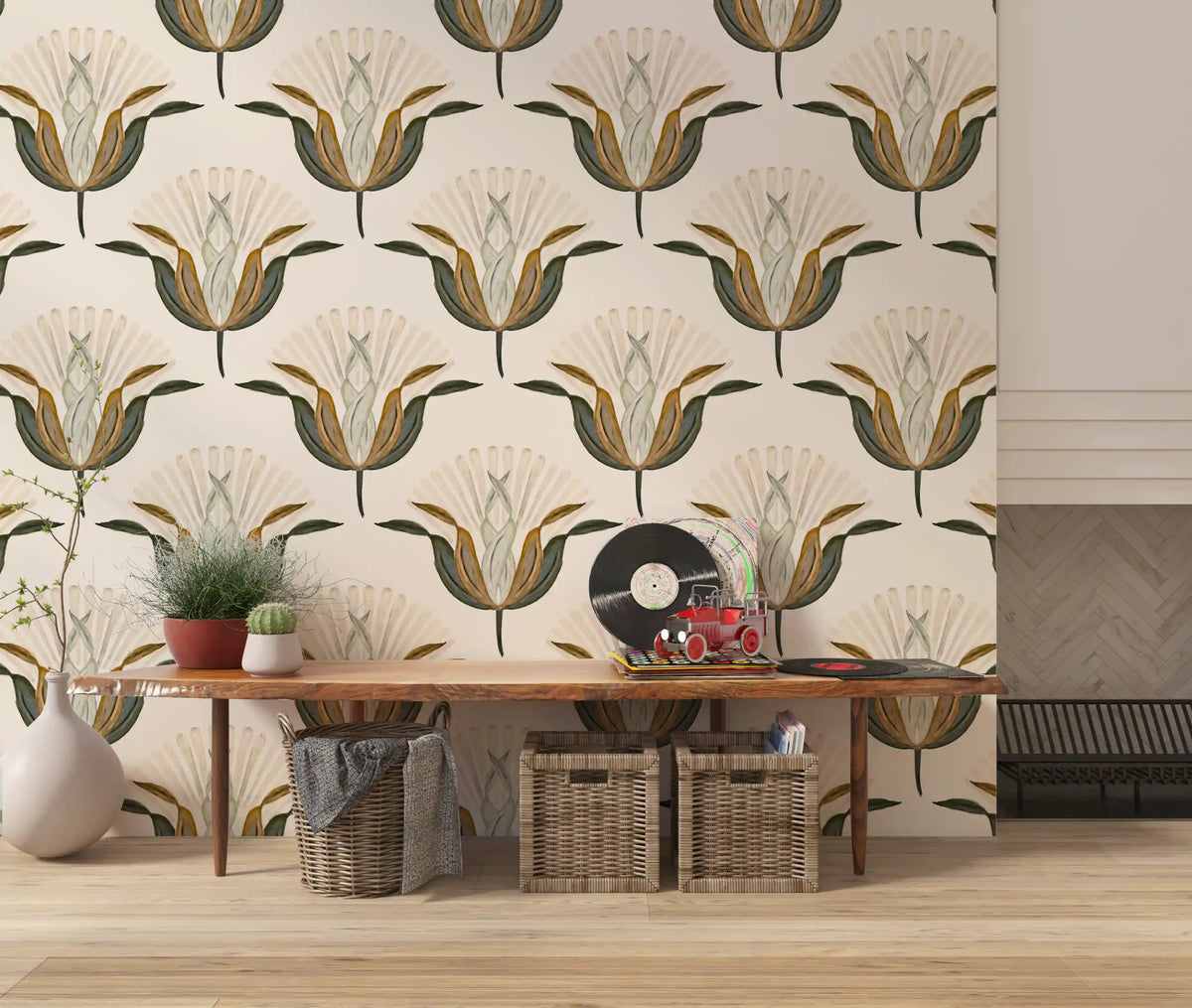 Green and Brass Lotus Flowers Wallpaper⁠