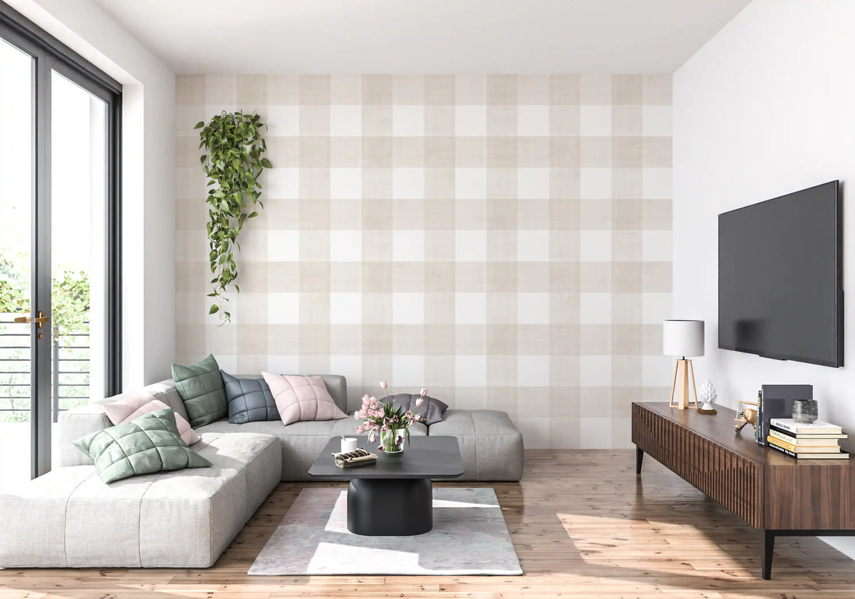Beige Gingham Plaid Linen Look Texture Wallpaper⁠