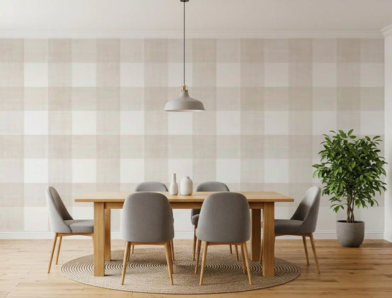 Gingham wallpaper behind an oak dining table with gray chairs and a round jute rug GD13919