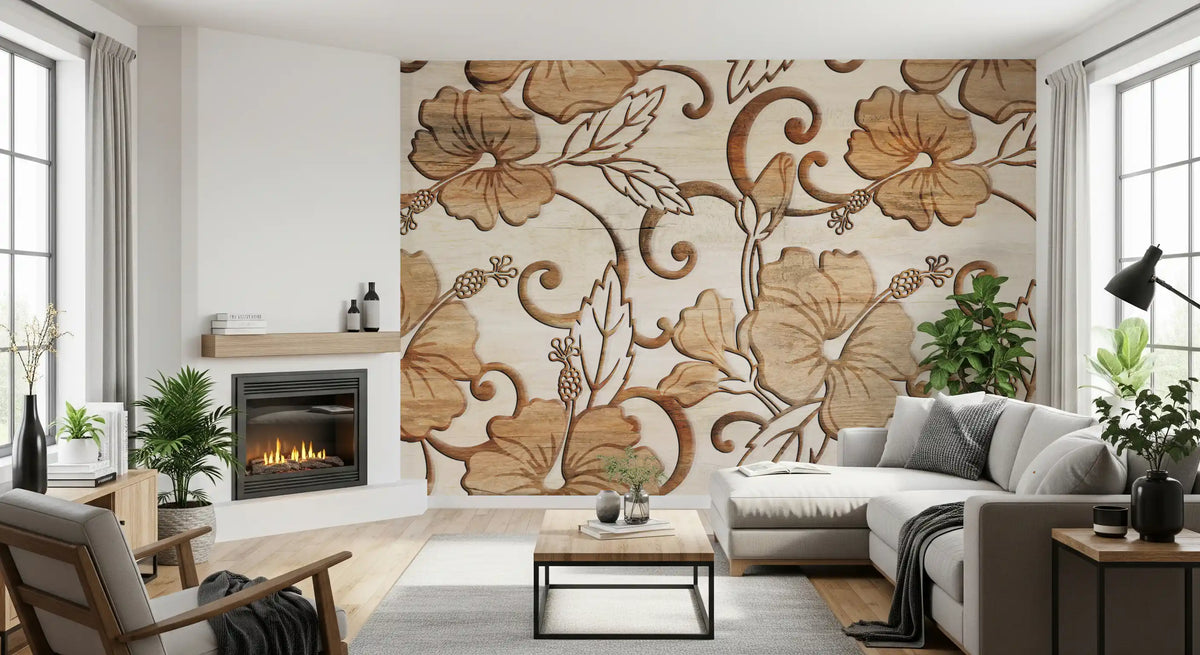 : Vintage Beige Floral Wood Texture Wallpaper Wall Mural