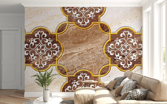 Marble wallpaper with gold frames behind a beige sofa in a bright living room GD13931