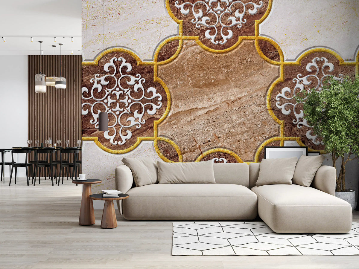 Beige sectional sofa and geometric rug in front of marble wallpaper with gold frames GD13932