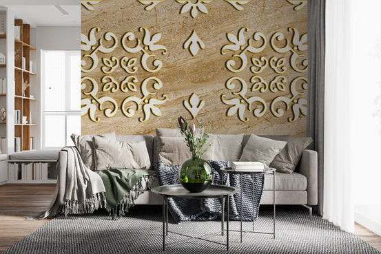 Gray sofa with throw and black side table against baroque wallpaper on golden marble GD13933