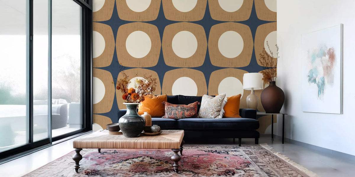 Mid Century Atomic Starburst Wallpaper Navy Blue & Caramel Wallpaper⁠