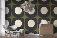 Mid Century Atomic Starburst Wallpaper Charcoal & Olive Wallpaper⁠