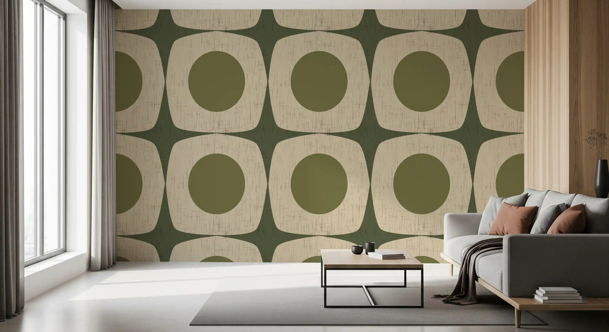 Olive Green Mid Century Starburst Wallpaper Vintage Geometric Wallpaper⁠