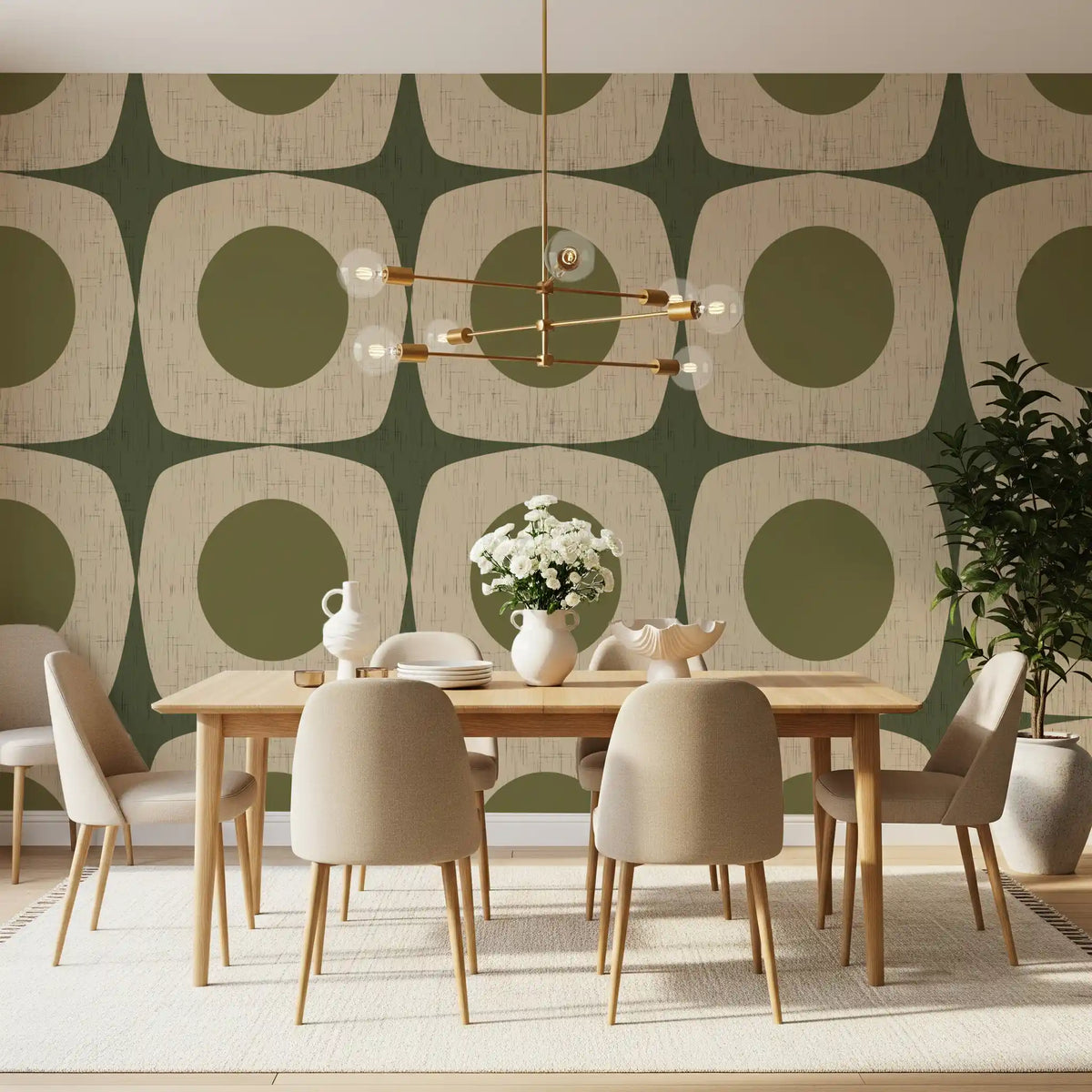 Olive Green Mid Century Starburst Wallpaper Vintage Geometric Wallpaper⁠