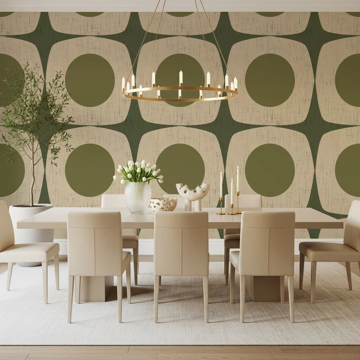 Olive Green Mid Century Starburst Wallpaper Vintage Geometric Wallpaper⁠