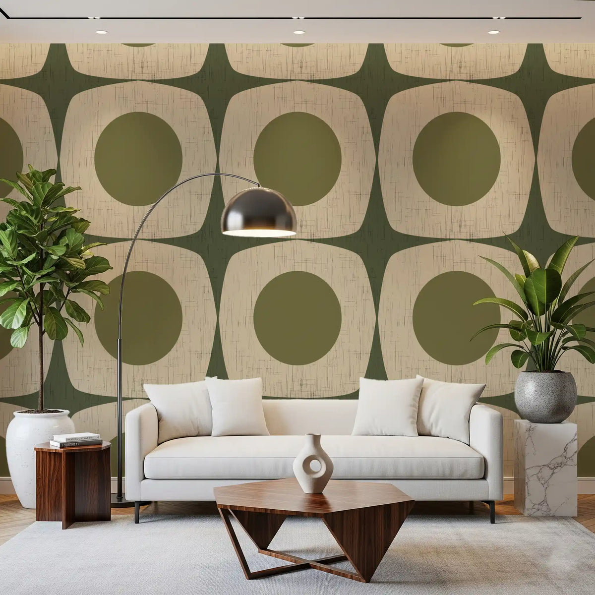 Olive Green Mid Century Starburst Wallpaper Vintage Geometric Wallpaper⁠