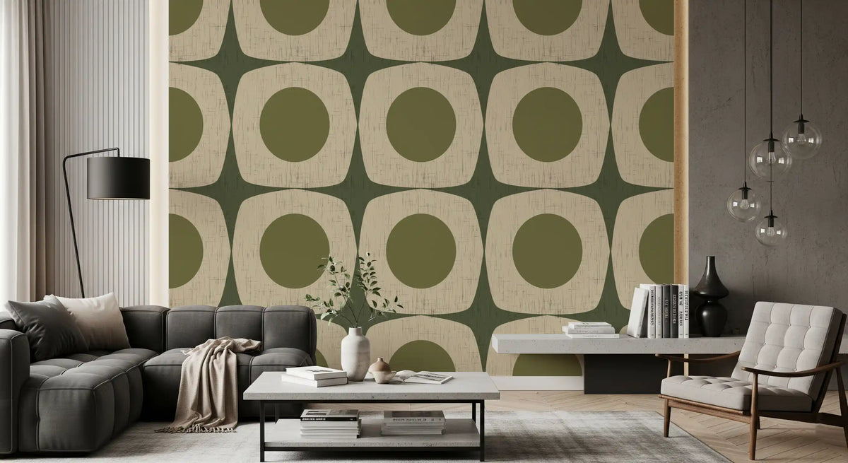 Olive Green Mid Century Starburst Wallpaper Vintage Geometric Wallpaper⁠