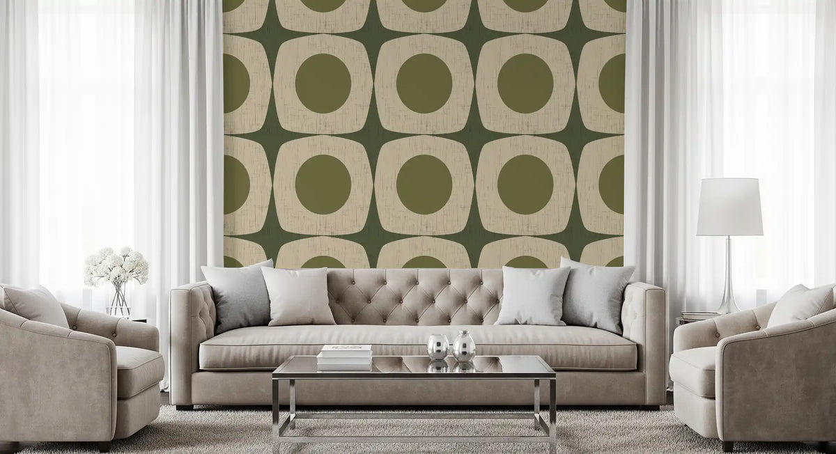Olive Green Mid Century Starburst Wallpaper Vintage Geometric Wallpaper⁠
