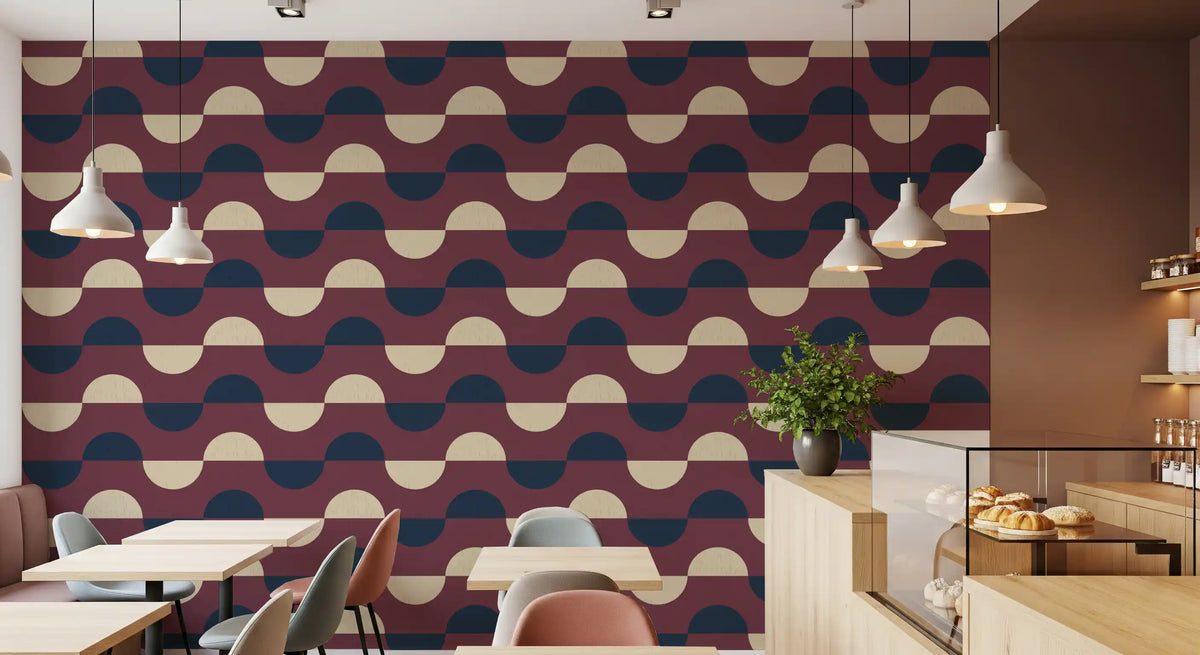 Mid-century wallpaper in a cafe with wood counter, pastry case and pendant lights GD13938