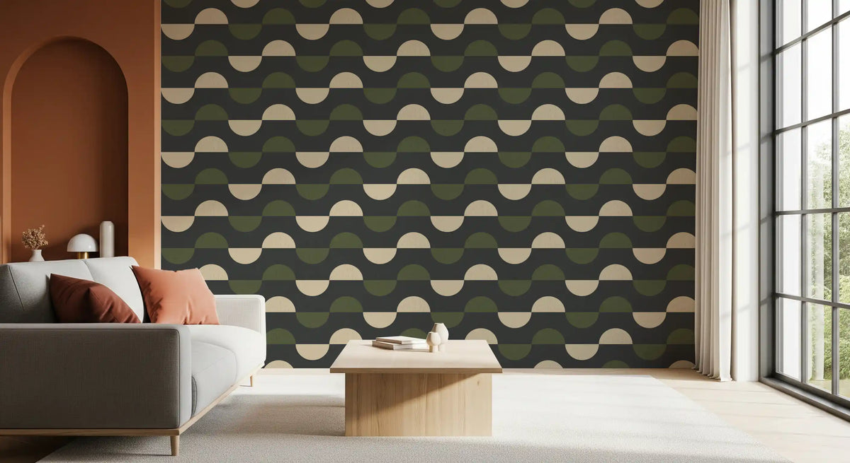 Charcoal and Olive Half Moon Wallpaper Mid Century Geometric Wallpaper⁠