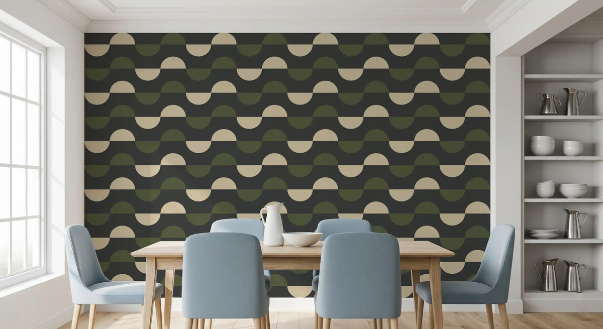Charcoal and Olive Half Moon Wallpaper Mid Century Geometric Wallpaper⁠