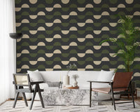 Charcoal and Olive Half Moon Wallpaper Mid Century Geometric Wallpaper⁠