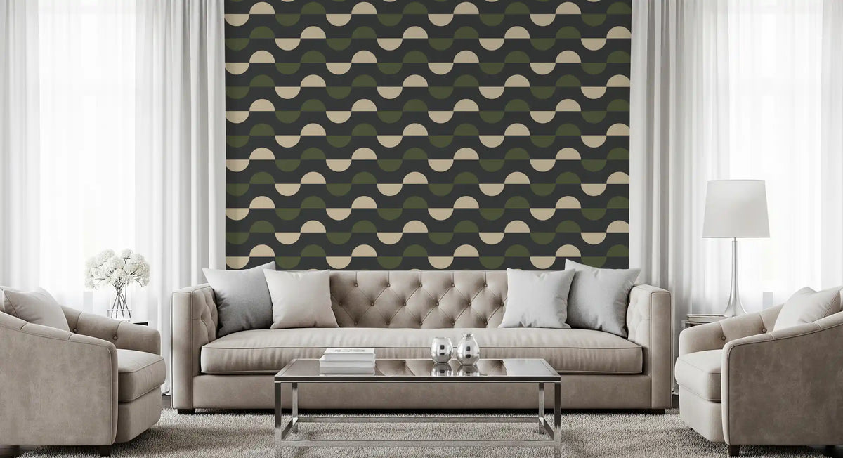 Charcoal and Olive Half Moon Wallpaper Mid Century Geometric Wallpaper⁠