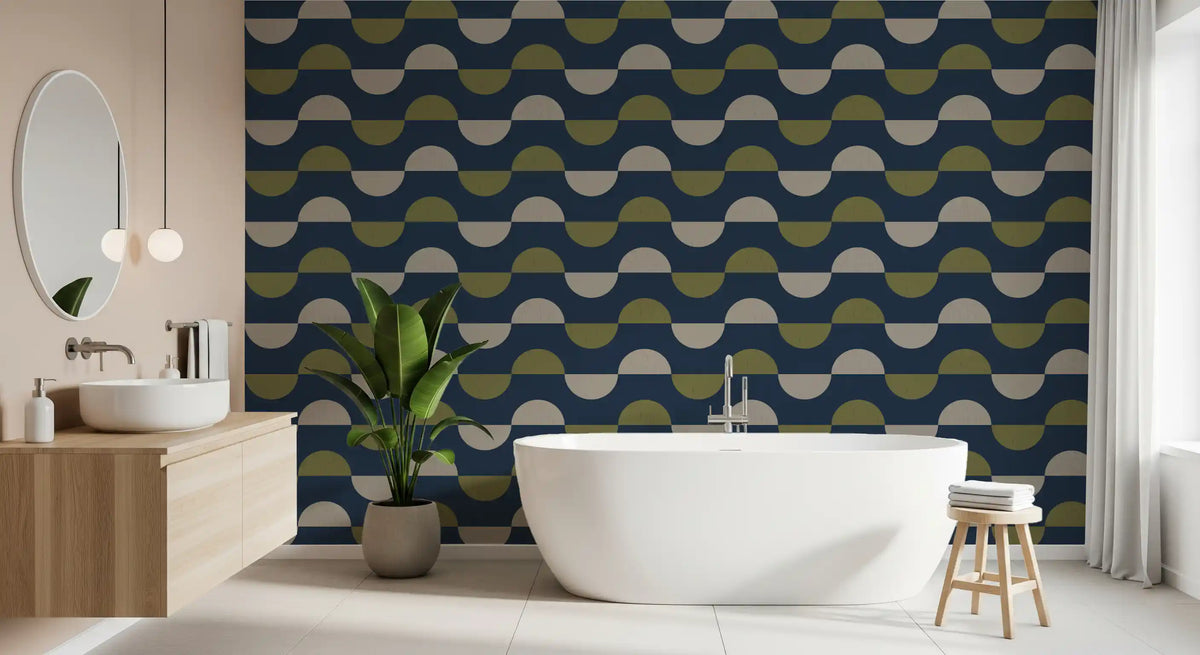 Navy and Olive Half Moon Wallpaper Retro Mid Century Modern Wallpaper⁠