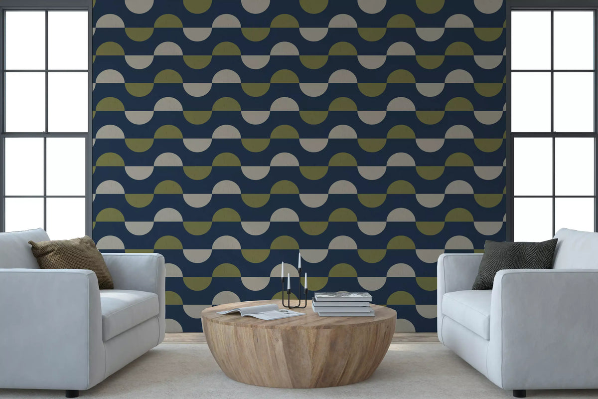 Navy and Olive Half Moon Wallpaper Retro Mid Century Modern Wallpaper⁠
