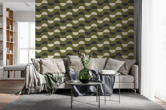 Olive Green Half Moon Wallpaper Mid Century Retro Geometric Wallpaper⁠