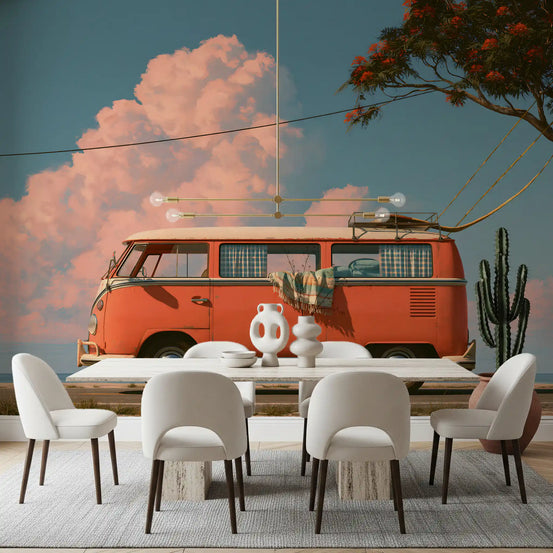 Camper van mural behind a white dining table with curved chairs and cactus GD13943