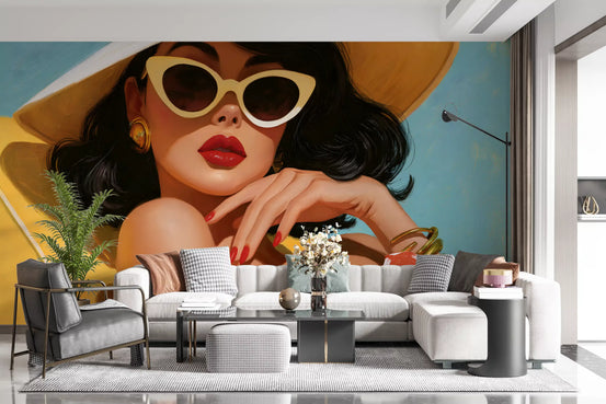 Vintage wallpaper mural behind a white sectional and black coffee table GD13944