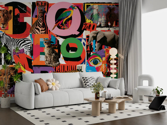 Animal wallpaper mural behind a white sofa and round wood coffee tables GD13946