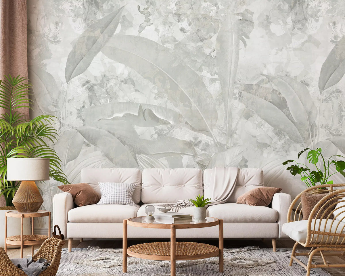Soft Grey Tropical Botanical Wall Mural Wall Mural