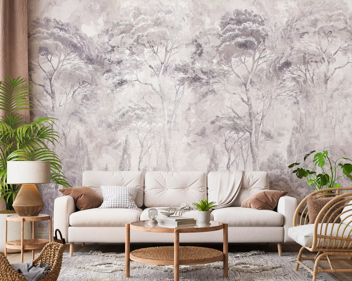 Misty Forest Landscape Dusty Lavender Wall Mural Wall Mural