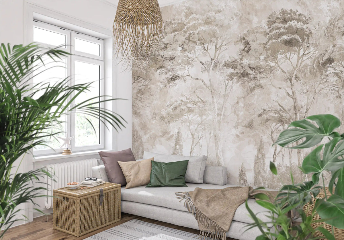 Misty Forest Landscape Warm Sepia Wall Mural Wall Mural