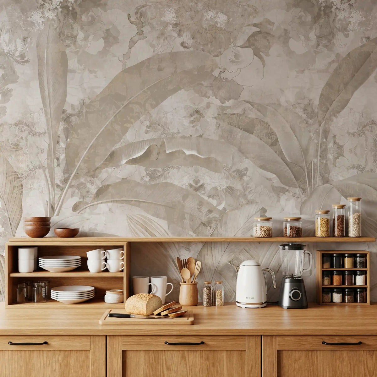 Neutral Beige Tropical Leaves Wall Mural Wall Mural