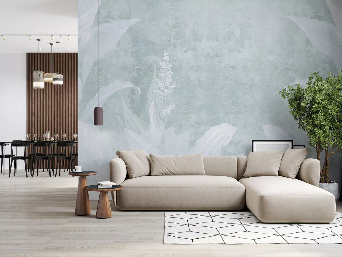 Misty Duck Egg Blue Botanical Leaf Border Wall Mural Wall Mural