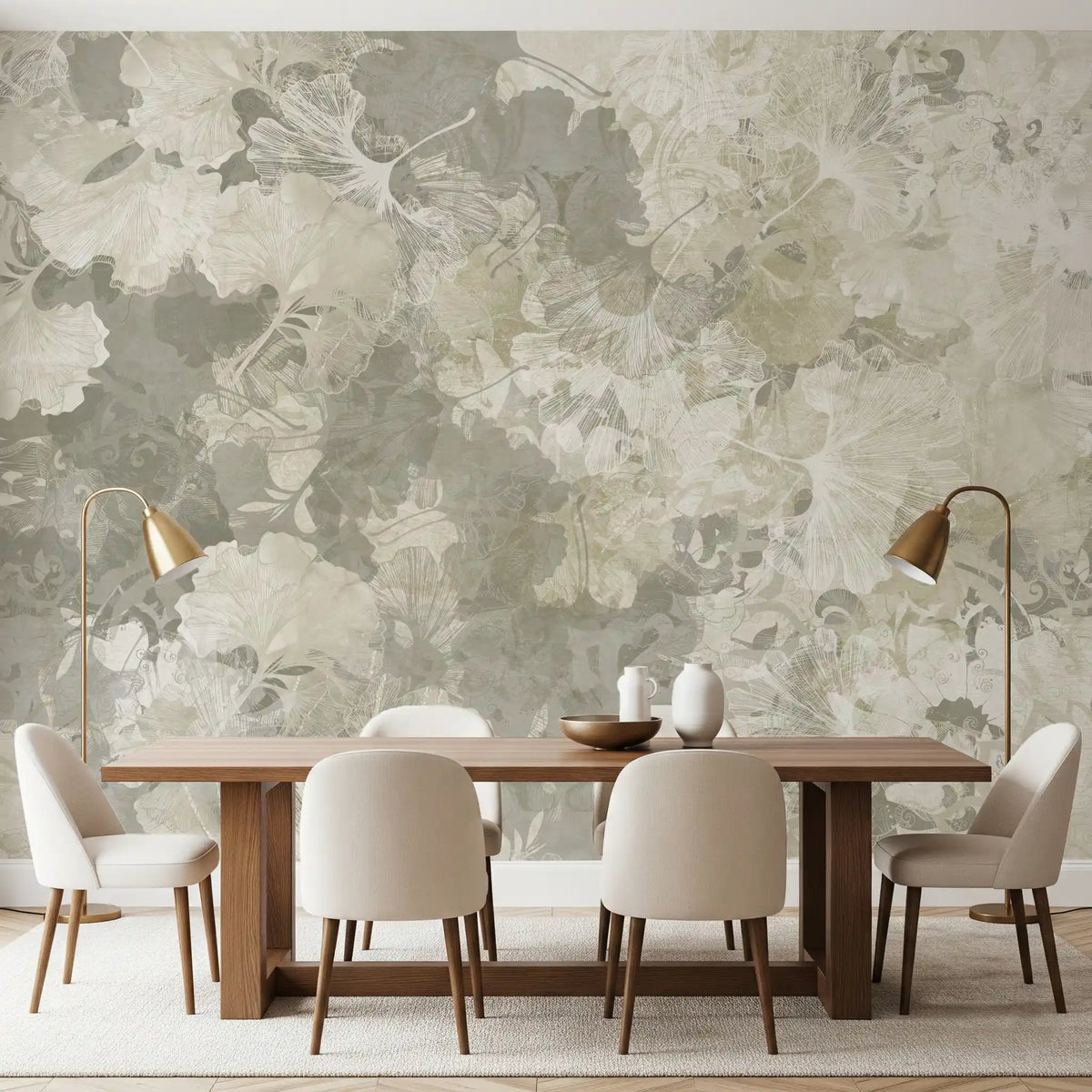 Ginkgo Biloba Leaves Muted Grey Wall Mural Wall Mural