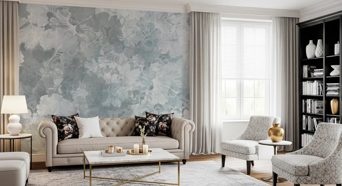 Vintage Ginkgo Leaf Steel Blue Wall Mural Wall Mural