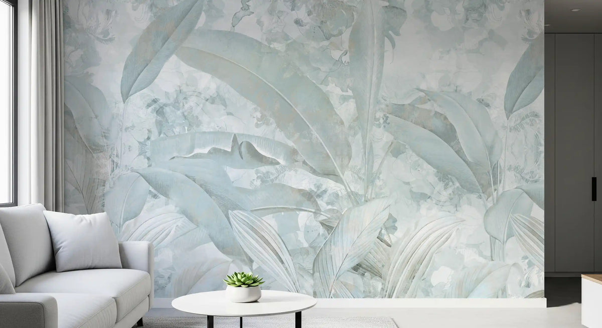 Ice Blue Botanical Banana Leaf Wall Mural Wall Mural