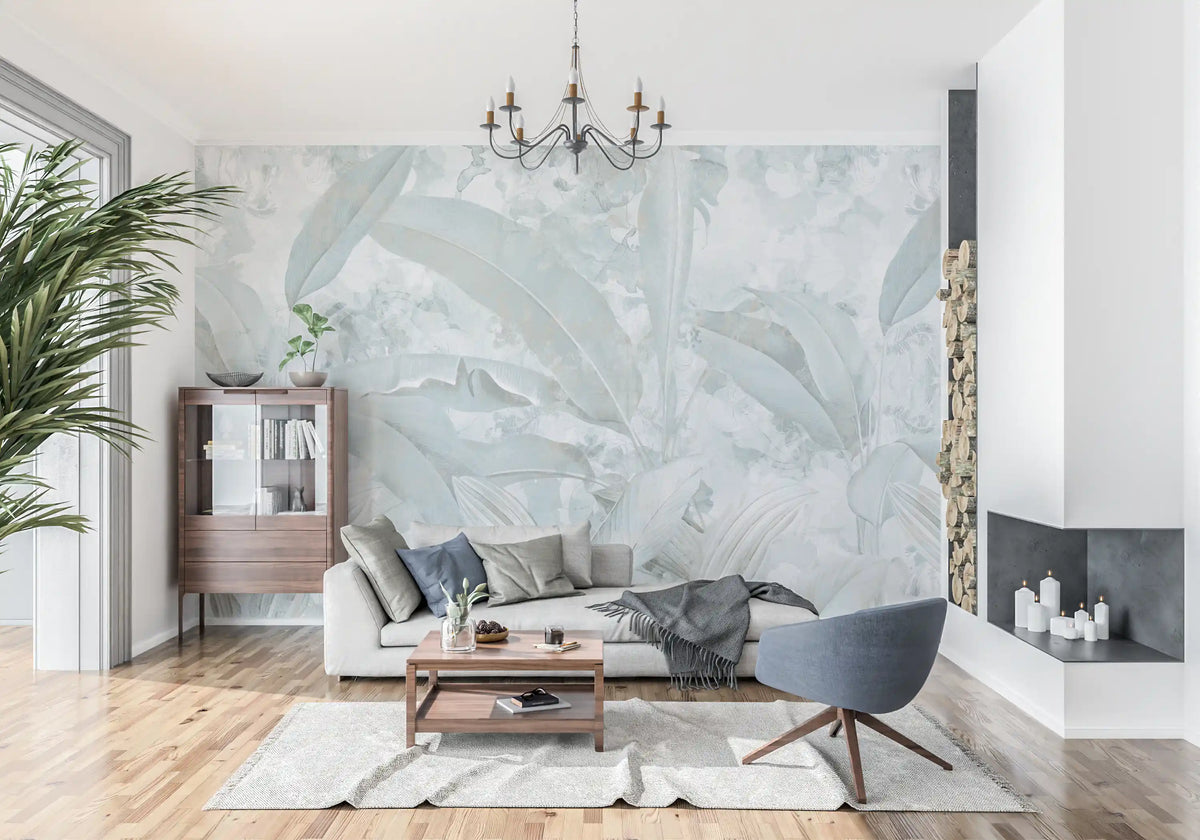 Ice Blue Botanical Banana Leaf Wall Mural Wall Mural